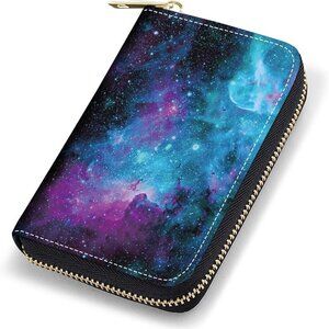 Women RFID Blocking Wallet Faux Leather Compact Card Case with Zipper Galaxy Neb